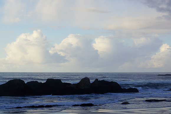 Fluffy Clouds over Ocean and Lava Rock